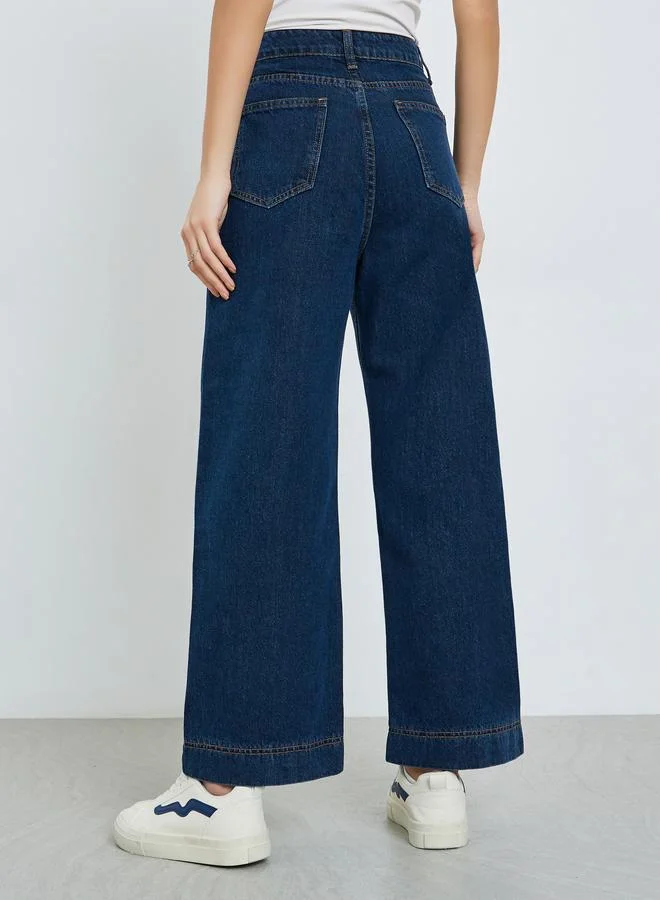 Styli Dark Blue Women High Rise Wide Leg Jeans for Women | Best Price UAE